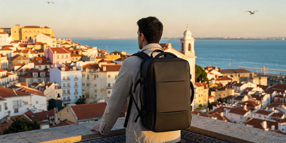 Voyageur avec un sac à dos de voyage devant la vue sur l'Alfama et le Tage depuis un miradouro de Lisbonne