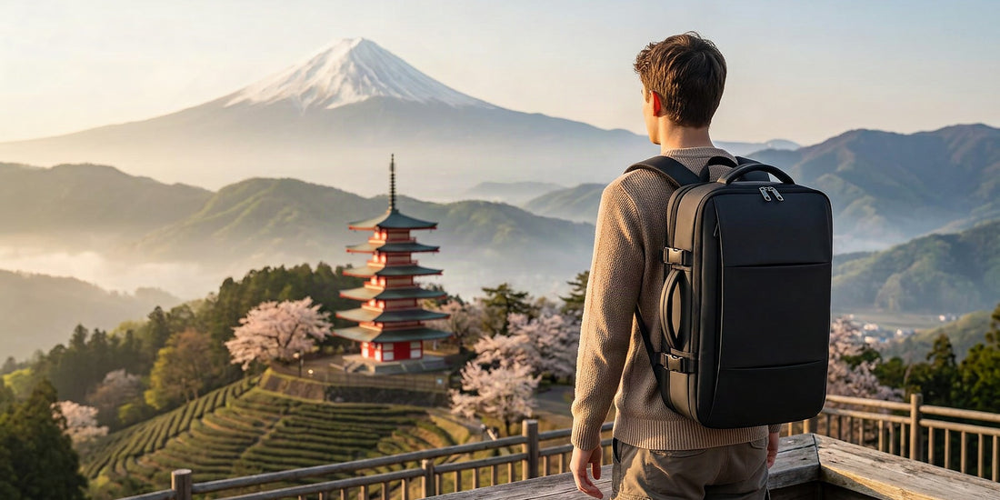 Voyageur avec un sac à dos face au mont Fuji et une pagode japonaise au lever du soleil