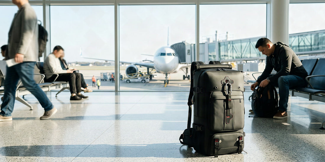 Sac à dos cabine au format bagage cabine, prêt à embarquer à l'aéroport
