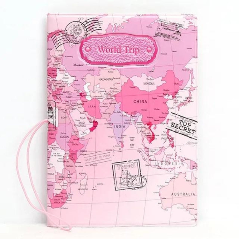 branded passport protector - Pink World Map
