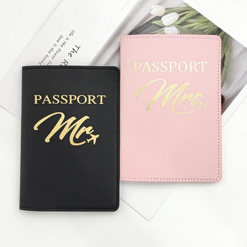 leather passport holder - Black and Pink Couple Set