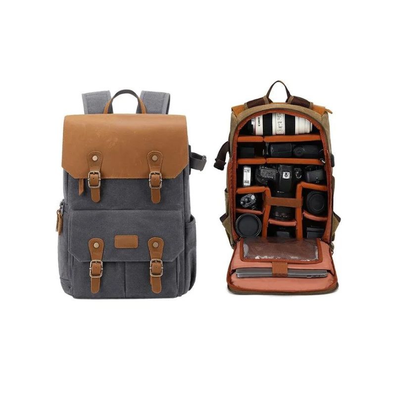 leather camera backpack - Grey - Gray - Model 2