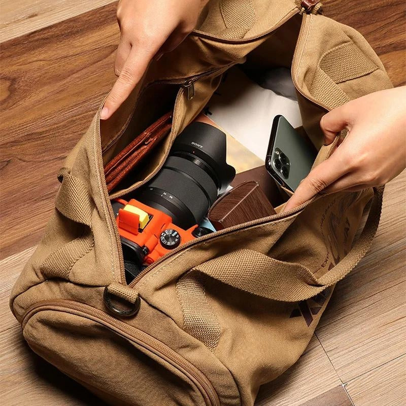 canvas and leather travel bag - Black - Beige