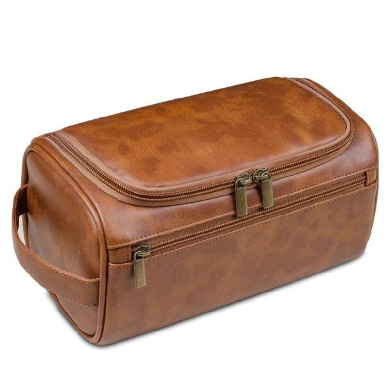 luxury leather toiletry bag men - Light Brown