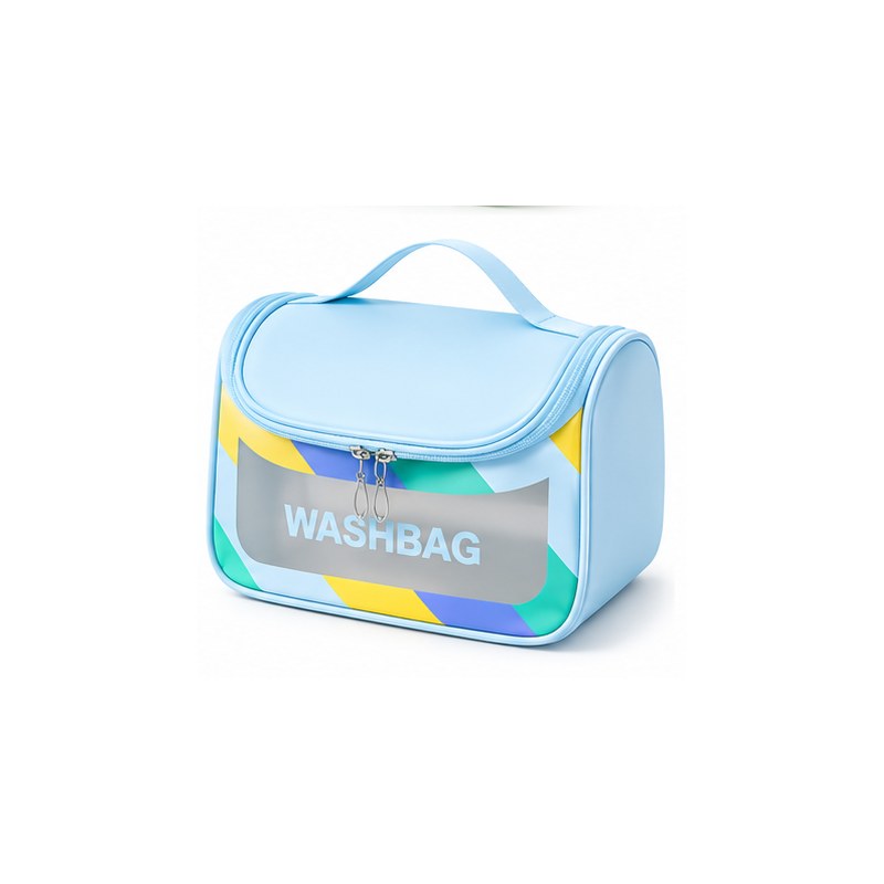 Trousse de toilette femme transparente bleue, vue de face fond blanc